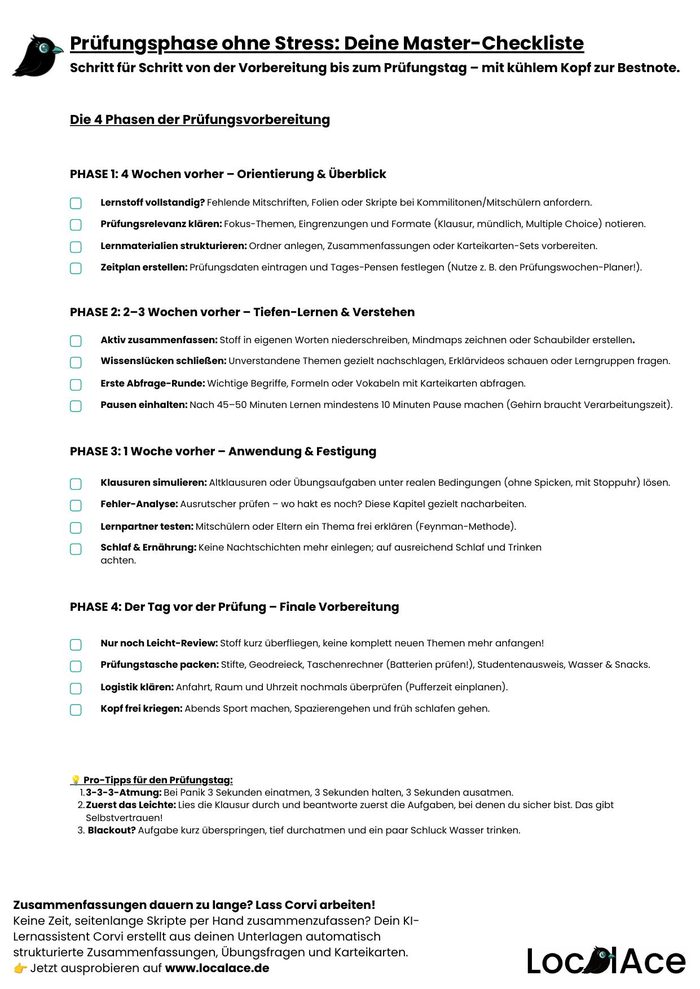 Vorschau der Prüfungsphase-Checkliste von LocalAce
