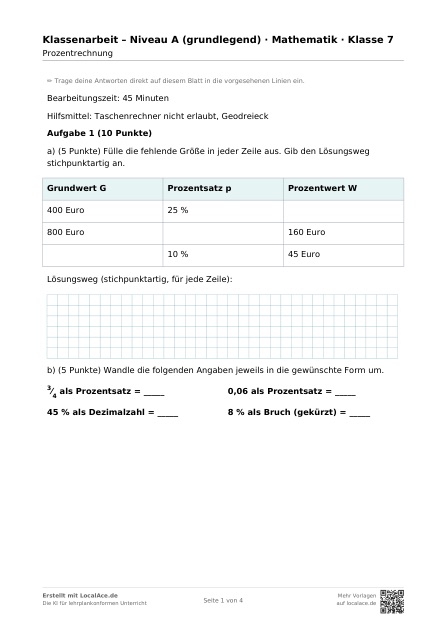 Klassenarbeit Prozentrechnung – Niveau A