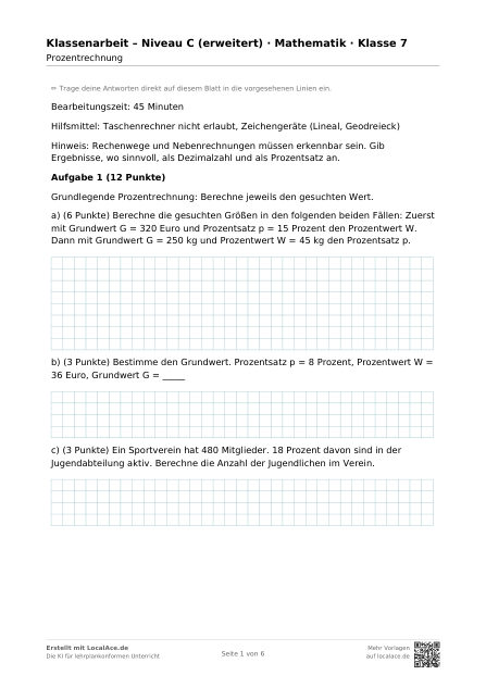 Klassenarbeit Prozentrechnung – Niveau C