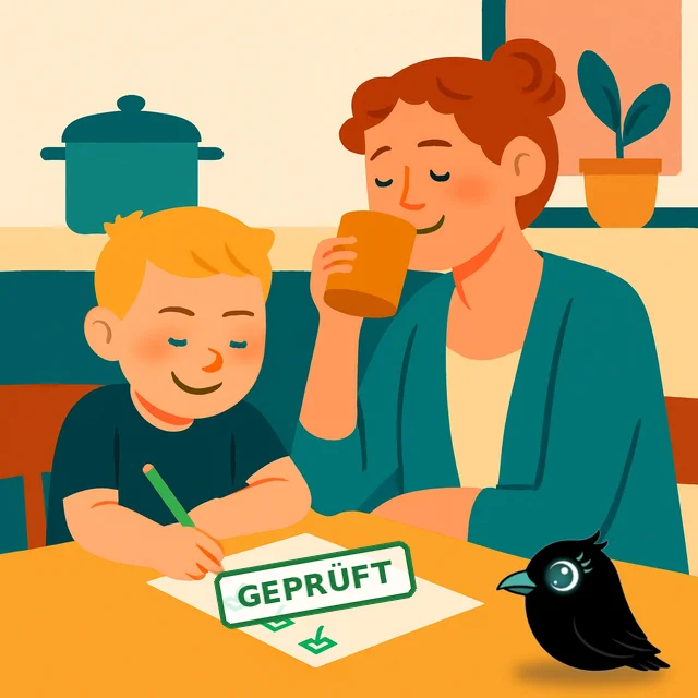 Der Sohn übt mit einem geprüften Arbeitsblatt